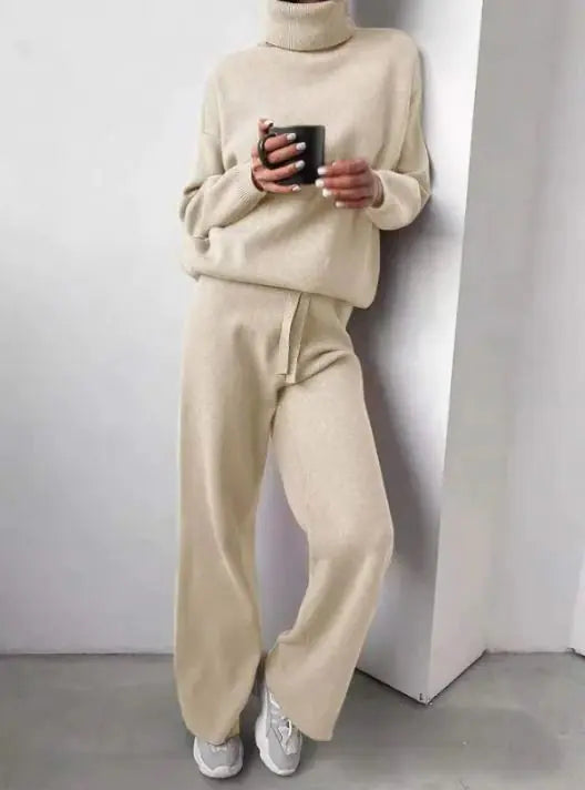 Casual Fashion Suits For Women Turtleneck Sweater And Drawstring Straight Pants