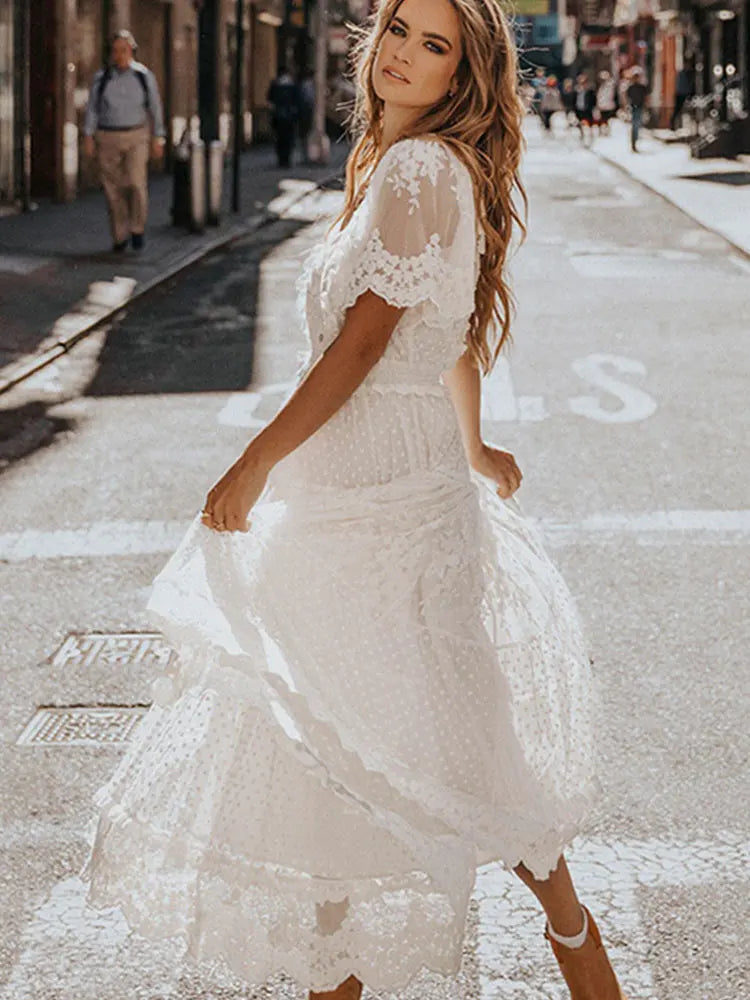 Hollow Out White Dress Sexy Women Lace Long Dress