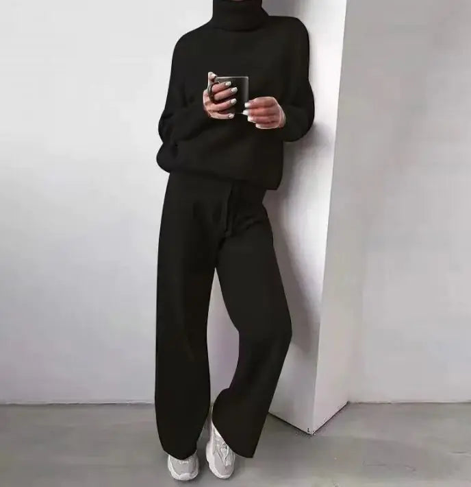 Casual Fashion Suits For Women Turtleneck Sweater And Drawstring Straight Pants